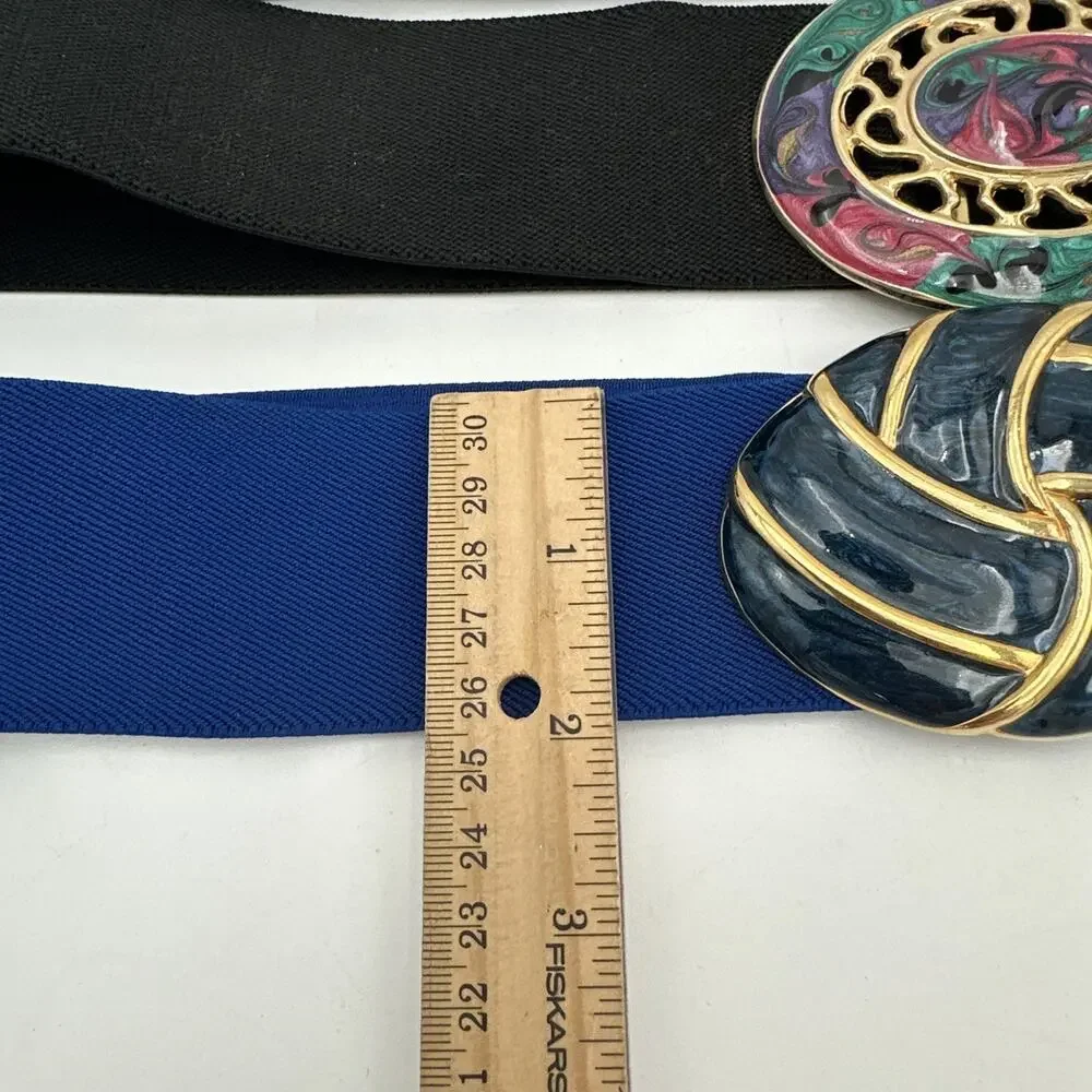 Set Of 3 Vintage 80s Lacquered Gold Tone Buckle Elastic Stretch Belts
